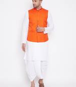 Orange And White Cotton Blend Jacket, Kurta And Dhoti Set