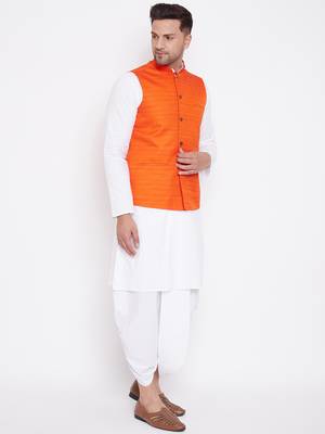 Orange And White Cotton Blend Jacket, Kurta And Dhoti Set 2