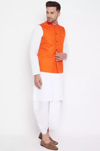 Orange And White Cotton Blend Jacket, Kurta And Dhoti Set