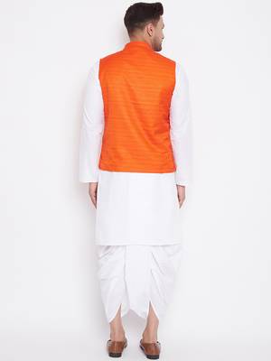 Orange And White Cotton Blend Jacket, Kurta And Dhoti Set 3