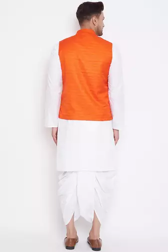 Orange And White Cotton Blend Jacket, Kurta And Dhoti Set