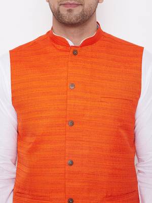 Orange And White Cotton Blend Jacket, Kurta And Dhoti Set 4