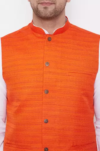Orange And White Cotton Blend Jacket, Kurta And Dhoti Set