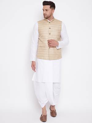 Beige And White Cotton Blend Jacket, Kurta And Dhoti Set 1