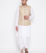 Beige And White Cotton Blend Jacket, Kurta And Dhoti Set