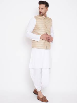 Beige And White Cotton Blend Jacket, Kurta And Dhoti Set 2