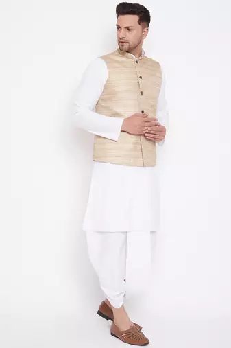 Beige And White Cotton Blend Jacket, Kurta And Dhoti Set