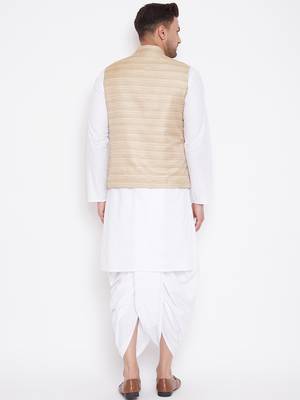 Beige And White Cotton Blend Jacket, Kurta And Dhoti Set 3