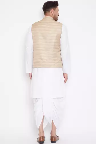 Beige And White Cotton Blend Jacket, Kurta And Dhoti Set