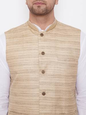 Beige And White Cotton Blend Jacket, Kurta And Dhoti Set 4