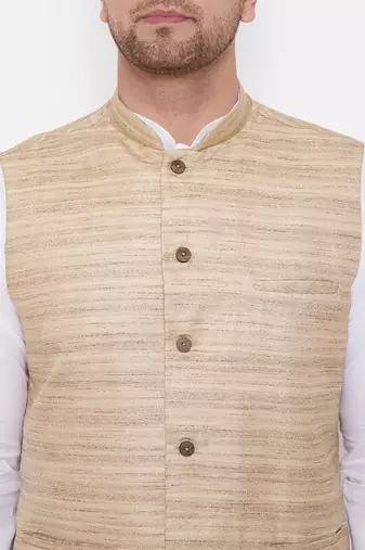 Beige And White Cotton Blend Jacket, Kurta And Dhoti Set