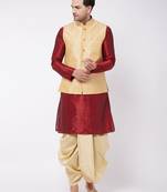 Maroon And Gold Silk Blend Jacket, Kurta And Dhoti Set