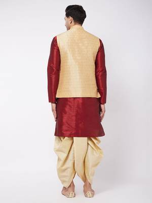 Maroon And Gold Silk Blend Jacket, Kurta And Dhoti Set 3