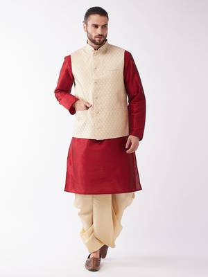 Maroon,Cream And Gold Silk Blend Jacket, Kurta And Dhoti Set 1