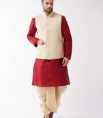 Maroon,Cream And Gold Silk Blend Jacket, Kurta And Dhoti Set
