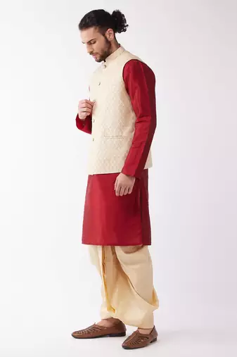 Maroon,Cream And Gold Silk Blend Jacket, Kurta And Dhoti Set