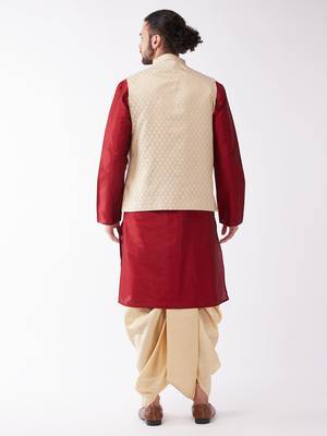 Maroon,Cream And Gold Silk Blend Jacket, Kurta And Dhoti Set 3