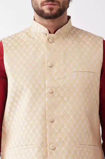 Maroon,Cream And Gold Silk Blend Jacket, Kurta And Dhoti Set