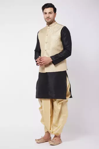 Black,Cream And Gold Silk Blend Jacket, Kurta And Dhoti Set