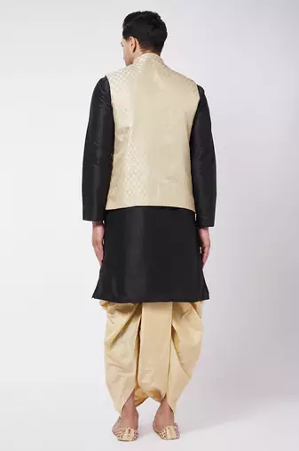 Black,Cream And Gold Silk Blend Jacket, Kurta And Dhoti Set