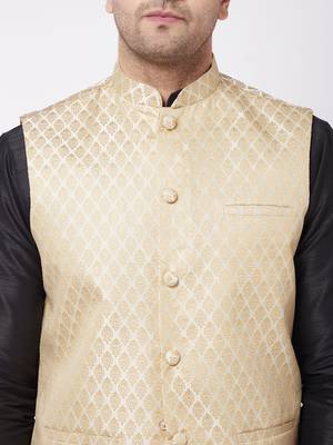 Black,Cream And Gold Silk Blend Jacket, Kurta And Dhoti Set 4