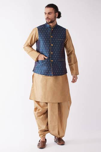 Men'S Rose Gold And Blue Silk Blend Jacket, Kurta And Dhoti Set
