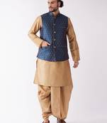 Rose Gold And Blue Silk Blend Jacket, Kurta And Dhoti Set