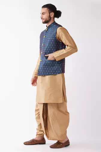 Rose Gold And Blue Silk Blend Jacket, Kurta And Dhoti Set