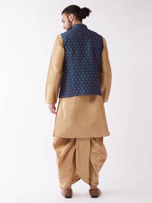 Rose Gold And Blue Silk Blend Jacket, Kurta And Dhoti Set 3