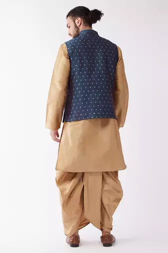 Rose Gold And Blue Silk Blend Jacket, Kurta And Dhoti Set