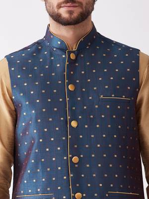 Rose Gold And Blue Silk Blend Jacket, Kurta And Dhoti Set 4
