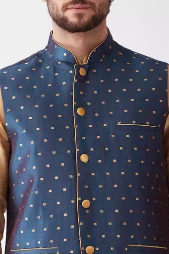 Rose Gold And Blue Silk Blend Jacket, Kurta And Dhoti Set