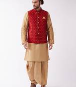 Rose Gold And Maroon Silk Blend Jacket, Kurta And Dhoti Set