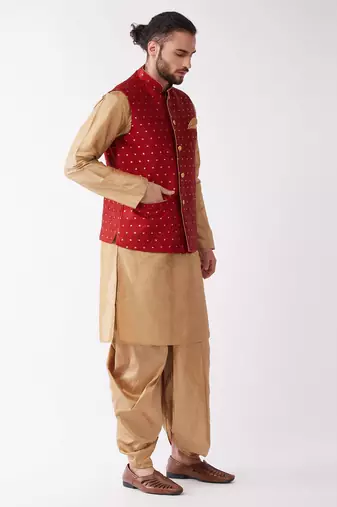 Rose Gold And Maroon Silk Blend Jacket, Kurta And Dhoti Set