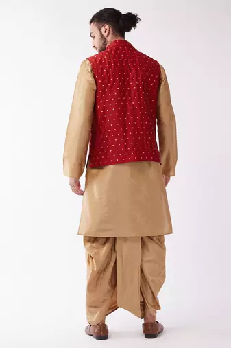 Rose Gold And Maroon Silk Blend Jacket, Kurta And Dhoti Set