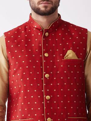 Rose Gold And Maroon Silk Blend Jacket, Kurta And Dhoti Set 4