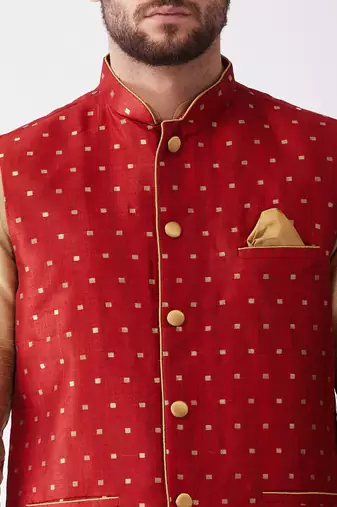 Rose Gold And Maroon Silk Blend Jacket, Kurta And Dhoti Set