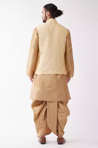 Rose Gold Silk Blend Jacket, Kurta And Dhoti Set