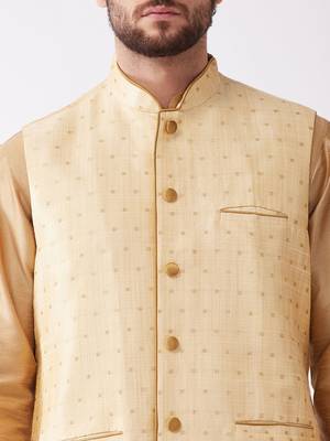 Rose Gold Silk Blend Jacket, Kurta And Dhoti Set 4