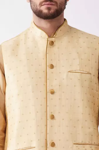 Rose Gold Silk Blend Jacket, Kurta And Dhoti Set
