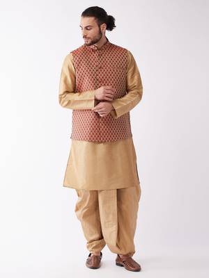 Rose Gold And Maroon Silk Blend Jacket, Kurta And Dhoti Set 1