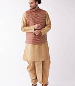Rose Gold And Maroon Silk Blend Jacket, Kurta And Dhoti Set