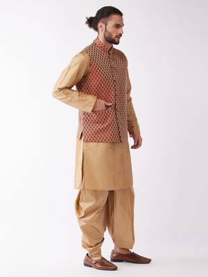 Rose Gold And Maroon Silk Blend Jacket, Kurta And Dhoti Set 2