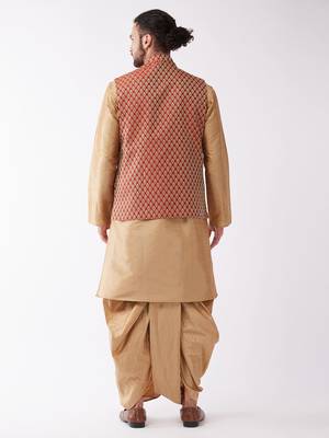 Rose Gold And Maroon Silk Blend Jacket, Kurta And Dhoti Set 3