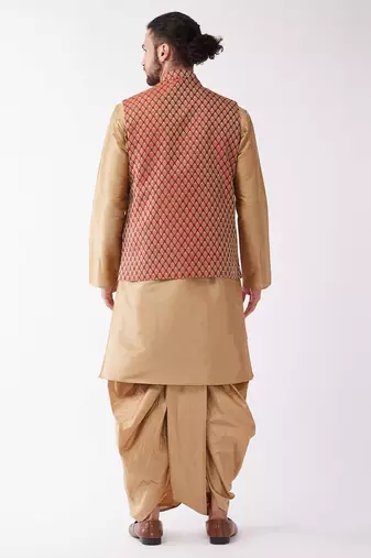 Rose Gold And Maroon Silk Blend Jacket, Kurta And Dhoti Set