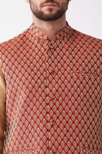 Rose Gold And Maroon Silk Blend Jacket, Kurta And Dhoti Set
