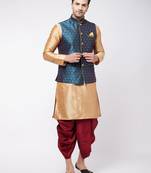  rose gold,blue and maroon silk blend jacket, kurta and dhoti set