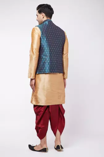  rose gold,blue and maroon silk blend jacket, kurta and dhoti set
