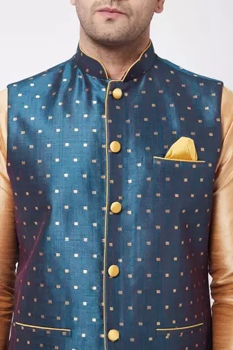  rose gold,blue and maroon silk blend jacket, kurta and dhoti set