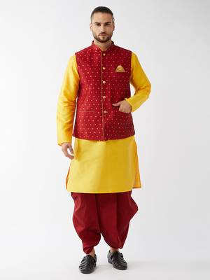  yellow and maroon silk blend jacket, kurta and dhoti set 1